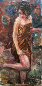 Lukisan ekspresionisme 17 gadis desa 50x100 acrillic on canvas 2013